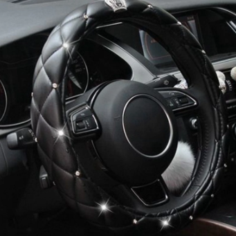 Fashion Women PU Leather Car Steering Wheel Covers Diamond Black Pink Auto Steering-Covers Cases for Lady Girls Car Accessories