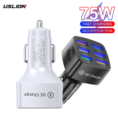 USLION 75W Car Charger Quick Charge 3.0 6 Ports USB Charger For iPhone 13 12 Pro Samsung Xiaomi Portable Mobile Phone Charger