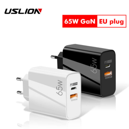 USLION 65W GaN Charger QC 3.0 USB PD Type C Fast Charging For iPhone 13 12 Pro Xiaomi PD USB Mobile Phone Charger Wall Adapter