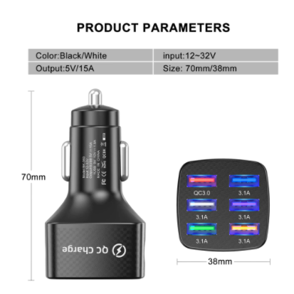 USLION 75W Car Charger Quick Charge 3.0 6 Ports USB Charger For iPhone 13 12 Pro Samsung Xiaomi Portable Mobile Phone Charger