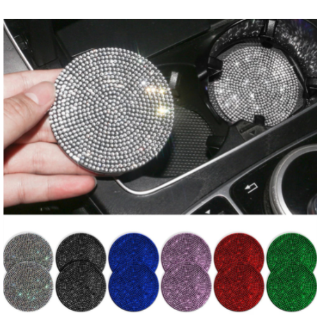 2PCS Diamond Car Coaster Water Cup Slot Non-Slip Mat Silica Gel Pad Cup Holder Mat Car Gadget Bling Car Accessories for Woman